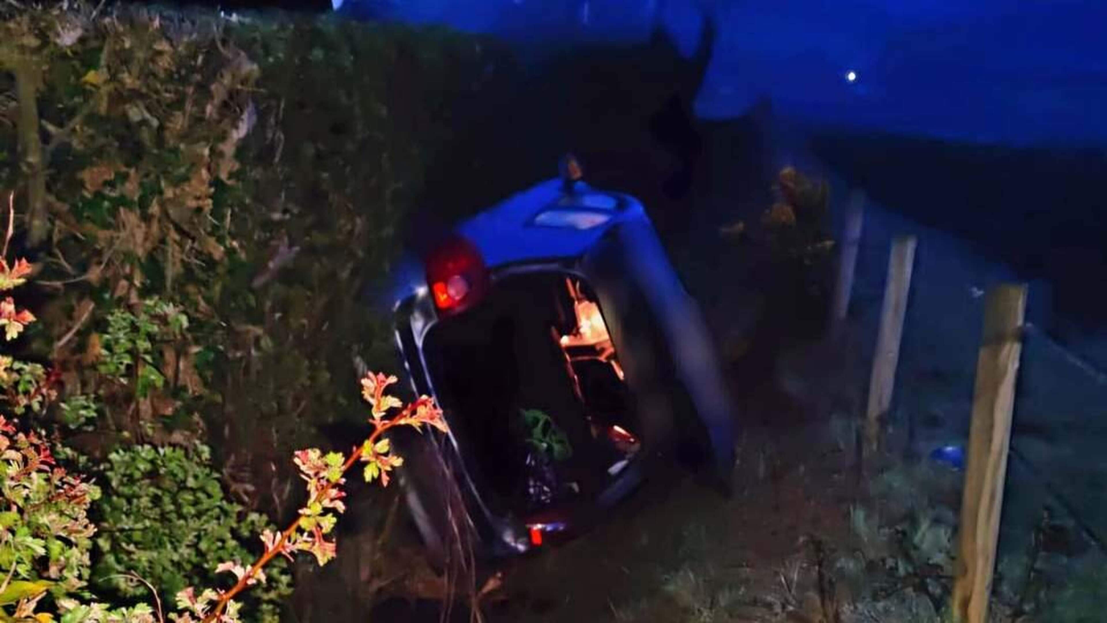 Novice driver EIGHT times over limit has miraculous escape after flipping car