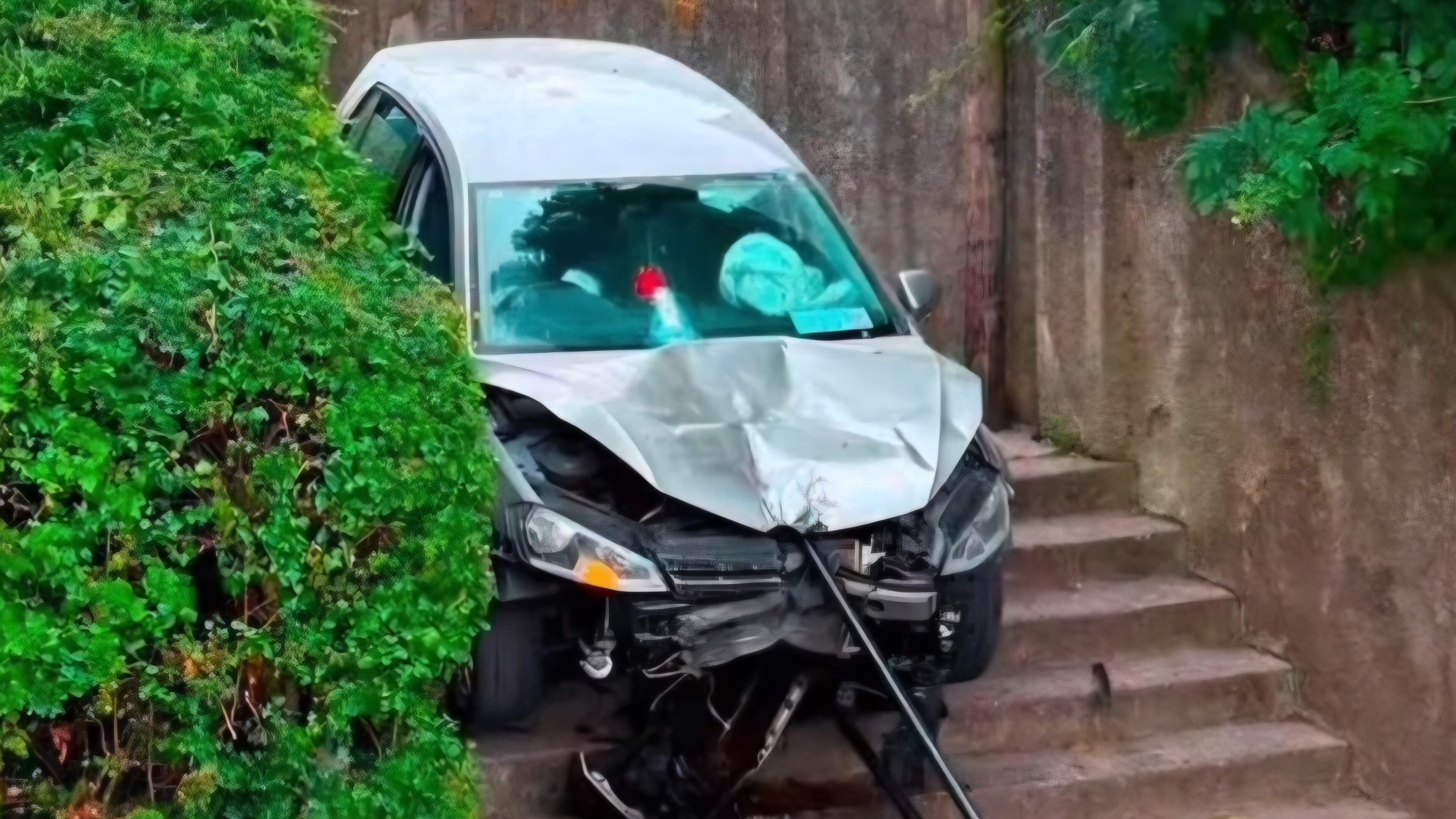 Lucky escape as car crashes down pedestrian steps near tourist hotspot