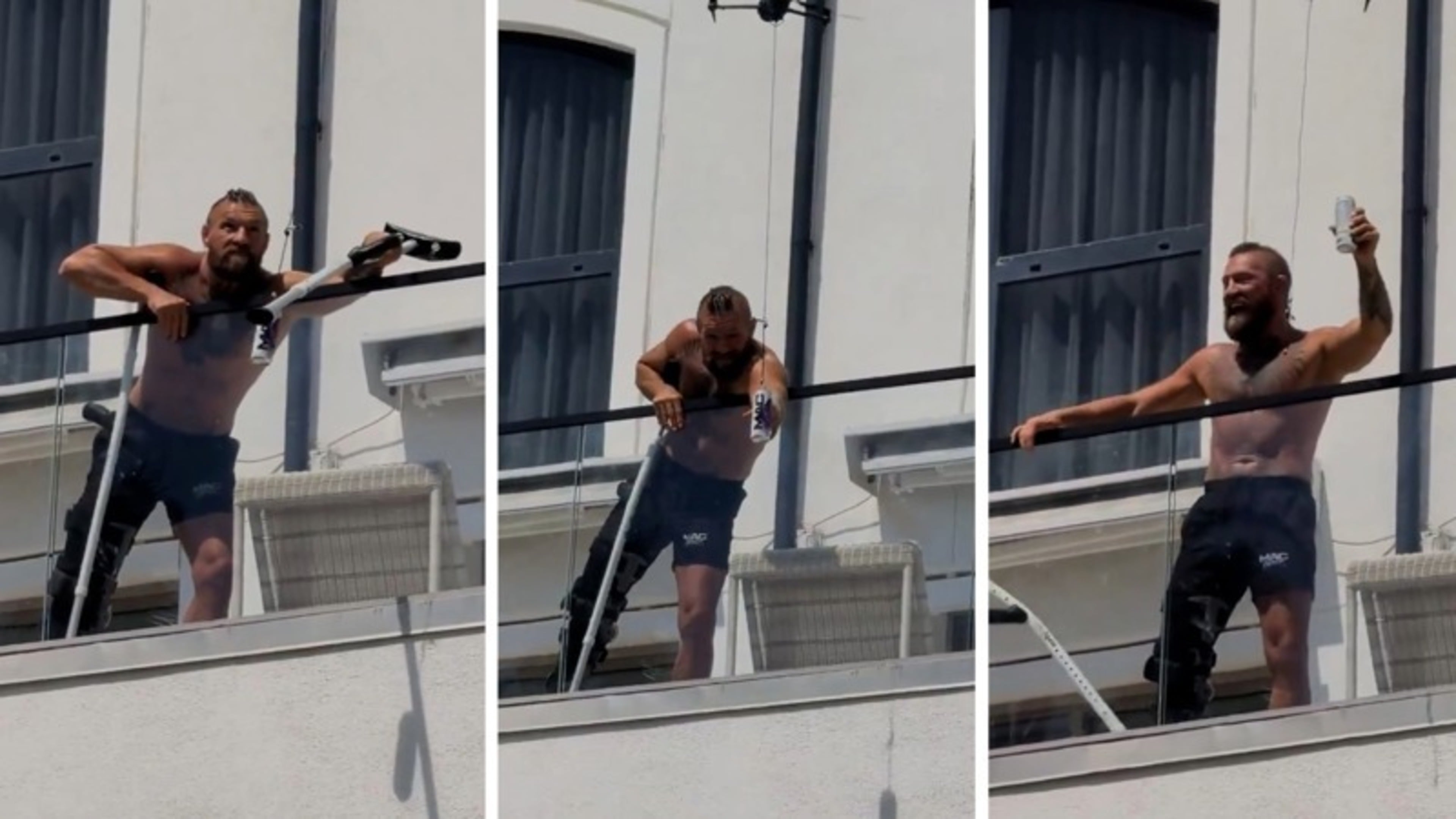 Bizarre footage shows injured Conor McGregor struggling to retrieve drink from drone