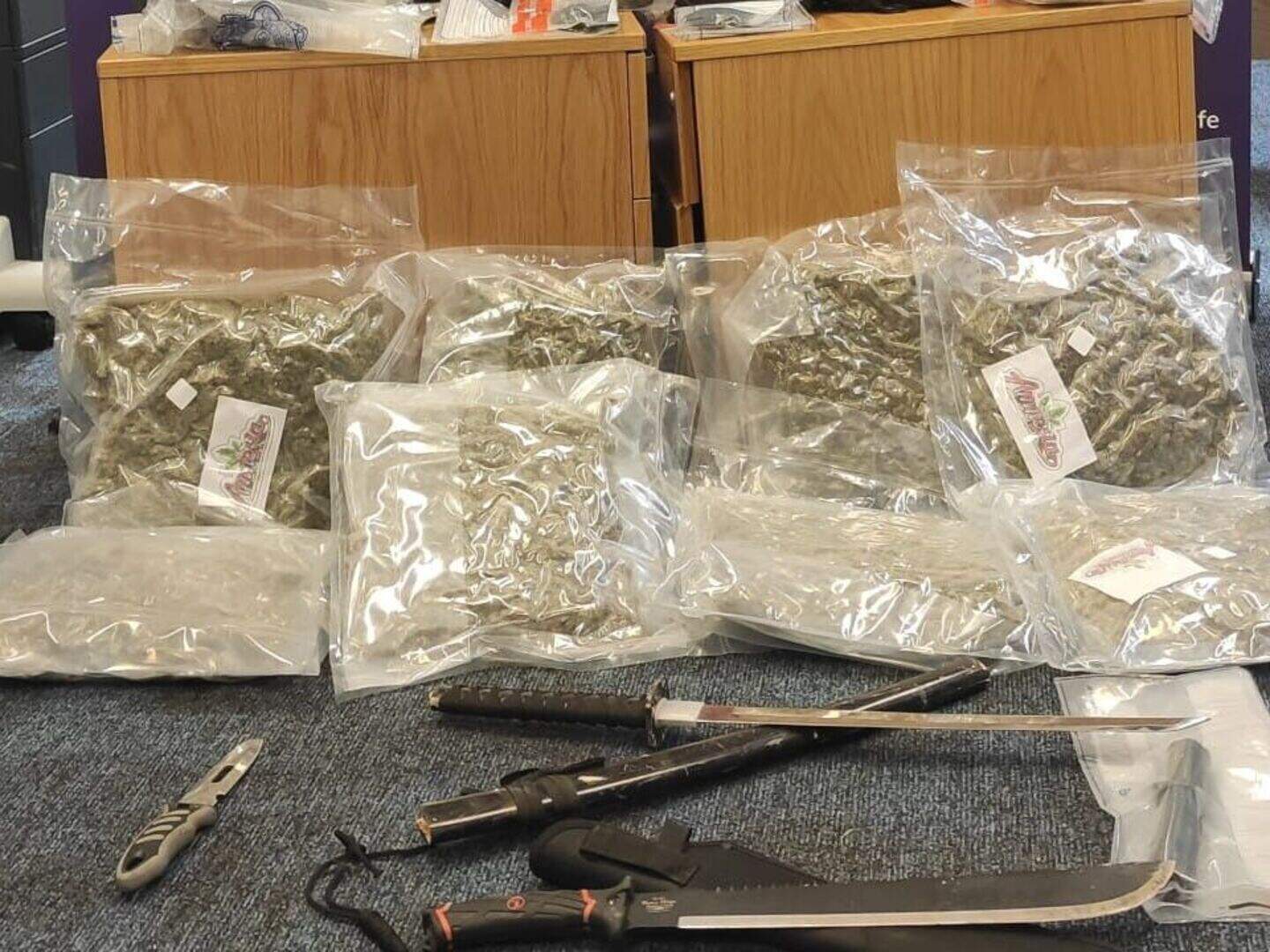 Three arrested after €166k in drugs and samurai sword, machete and ...