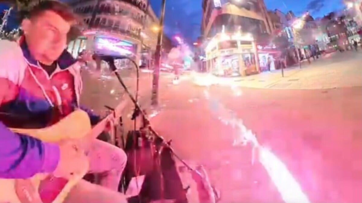Shocking moment busker and homeless man targeted by thugs using fireworks in Dublin city centre